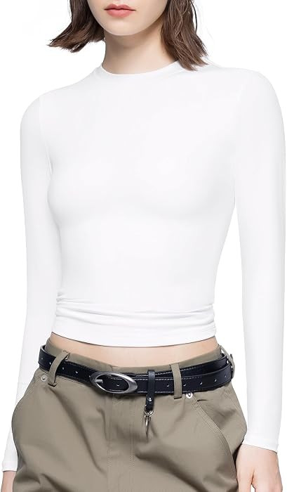 PUMIEY Women's Long Sleeve T Shirts Crew Neck Slim Fit Tops Sexy Basic Tee Smoke Cloud Pro Collection | Amazon (US)