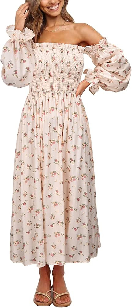 UIMLK Floral Smocked Puff Bell Lantern Sleeve Off The Shoulder Midi Long Ruffle Peasant Flowy Mat... | Amazon (US)