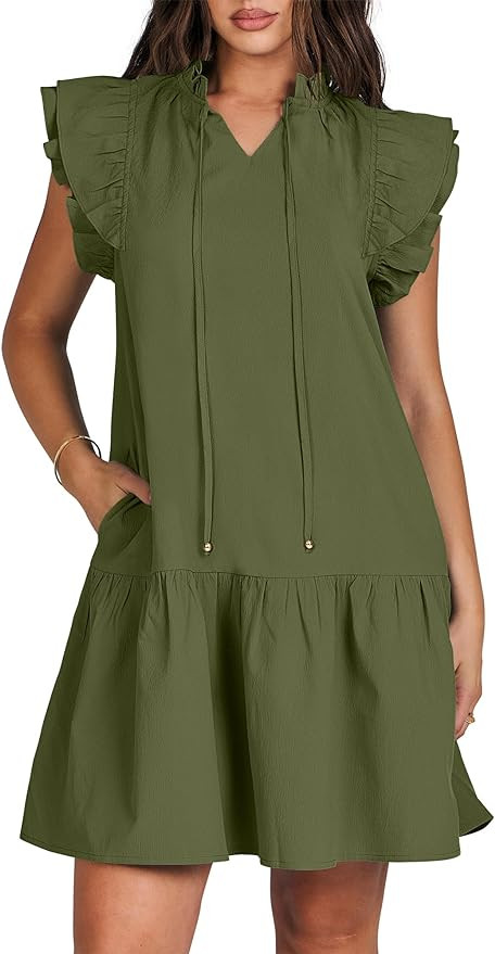 ANRABESS Womens Summer V-Neck Drawstring Ruffle Cap Short Sleeve Casual Shift Mini Dress with Poc... | Amazon (US)