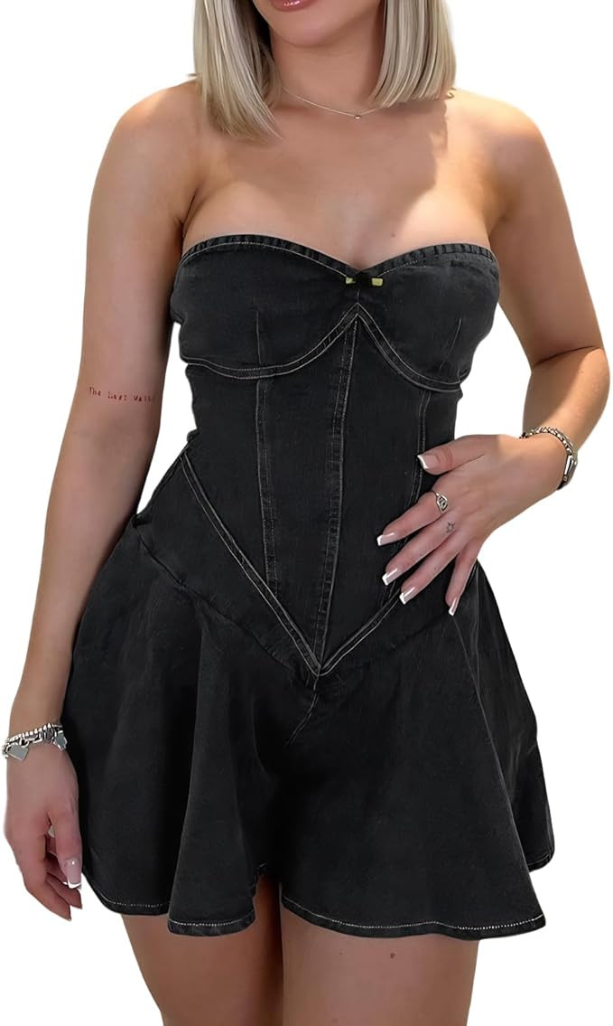 Women's Summer Denim Dress Sexy Strapless A Line Jean Dress Plated Bustier Corset Denim Mini Dres... | Amazon (US)