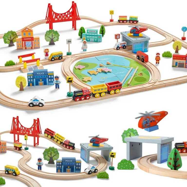 Tiny Land 110-Piece Wooden Train Set with Track, Ideal for Ages 3-7, Wooden Toy for Boys & Girls | Walmart (US)