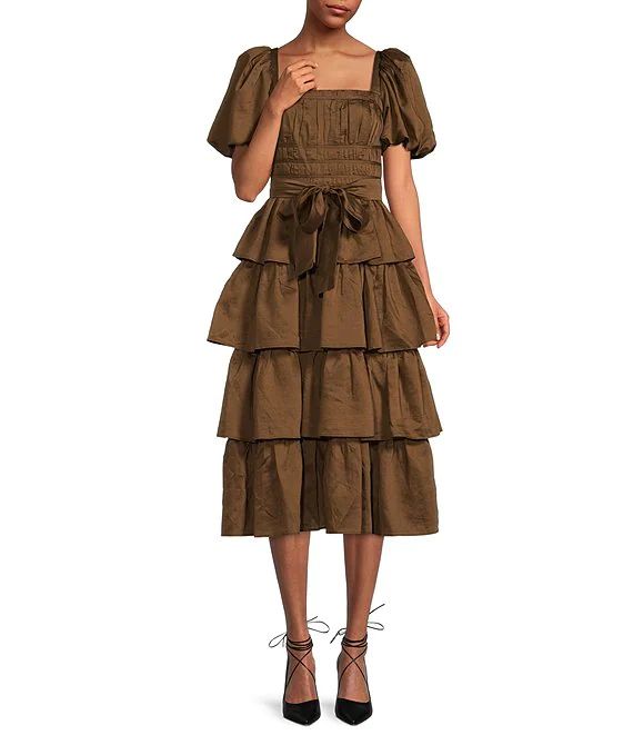 Antonio Melani Tiered Short Puff Sleeve Square Neck Tie Waist Maisie Midi Dress | Dillard's | Dillard's