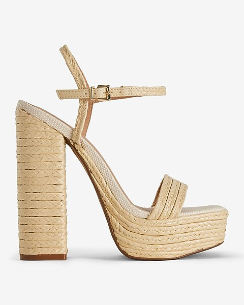 Woven Straw Platform Heeled Sandals | Express