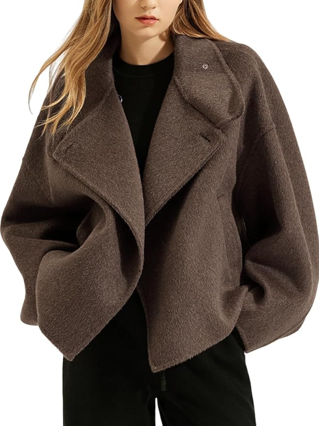 utcoco Women Cropped Thicken Wool Coats Oversized Short Jackets Notched Lapel Pea Coat Trench Ove... | Amazon (US)