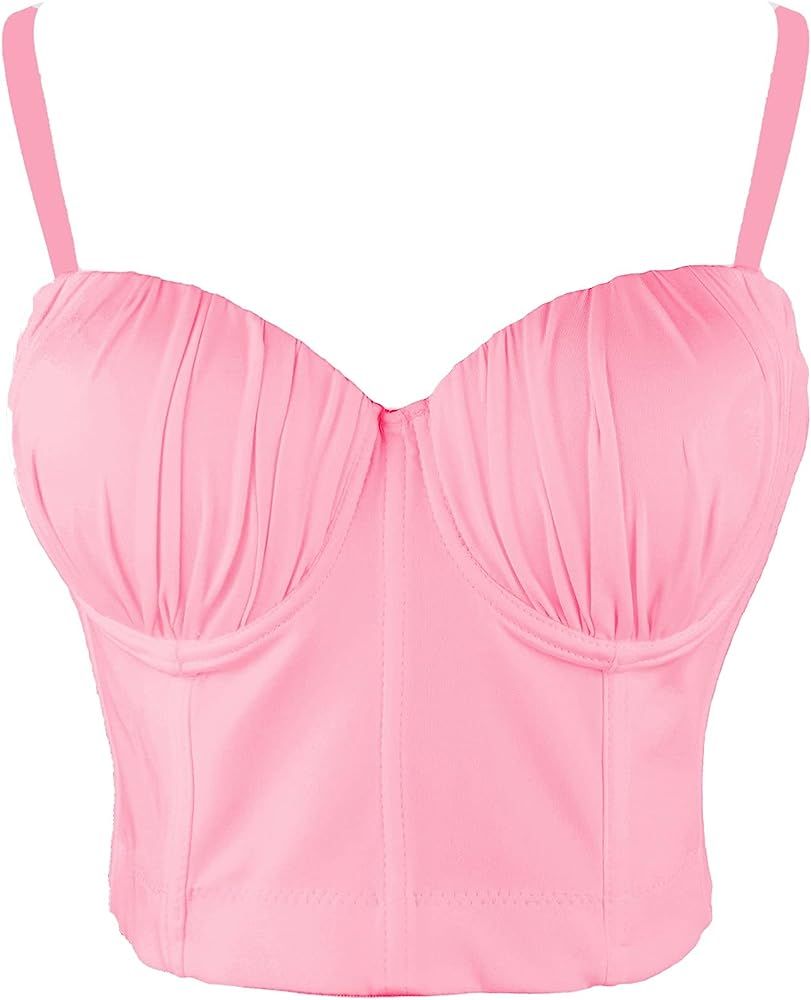 ELLACCI Women Ruffle Trim Smooth Bustier Crop Top Corset Top with Detachable Straps Pink | Amazon (US)