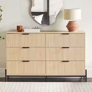 Welwick Designs Mid-Century Modern Coastal Oak 6-Drawer 56 in. W Dresser with Reeded Front HD9936... | The Home Depot