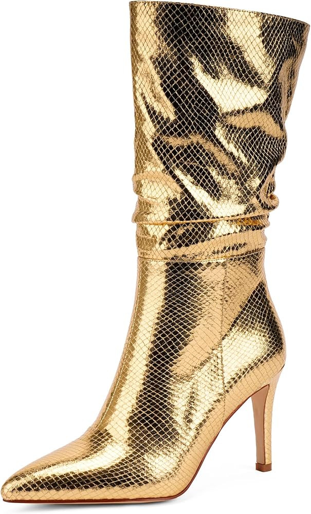 Modatope Mid Calf Boots for Women Sparkly Boots Metallic Snakeskin Zipper Boots Stiletto Pointed ... | Amazon (US)
