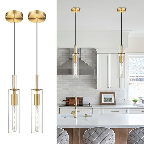 AUTELO 2 Pack Pendant Light Fixtures, Brushed Gold Pendant Lights Kitchen Island, Vintage Cylinder Glass Pendant Lights, Hanging Light for Kitchen Island, Dining Room, H3875 BGNR-2PK | Amazon (US)