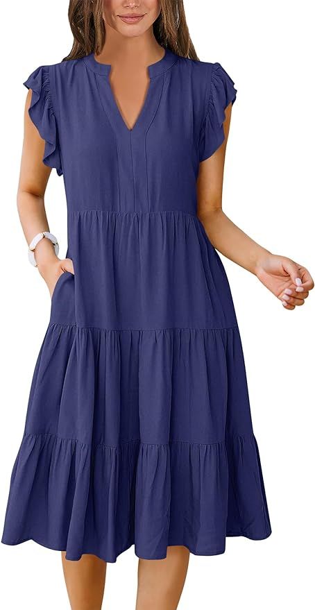 ANRABESS Womens Summer Ruffle Sleeve V Neck Midi Dress 2024 Fashion Casual Fit Flowy Tiered Boho ... | Amazon (US)