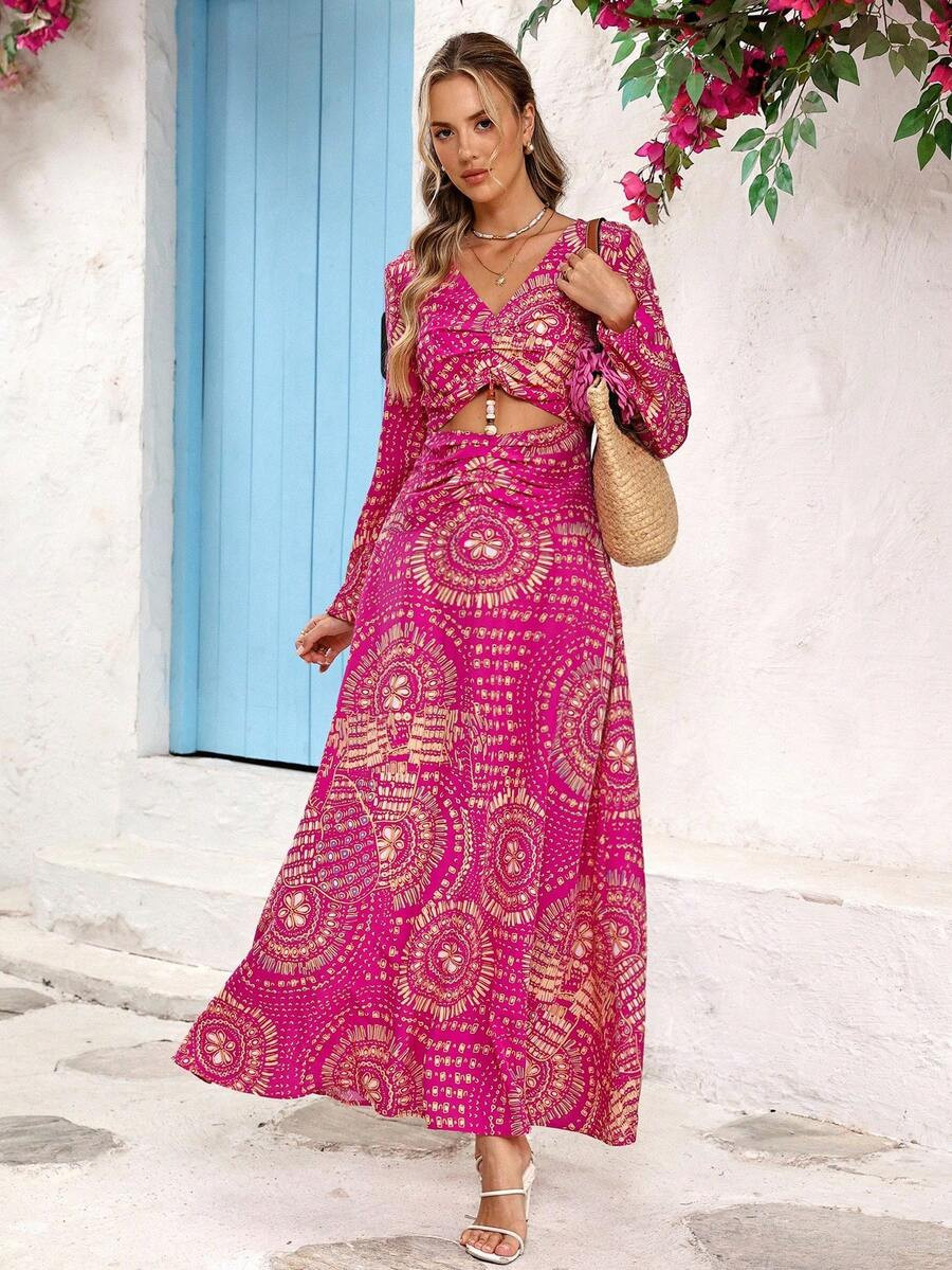 Vivid Eden Women's Vacation Style Allover Print V-Neck Ruched Hollow-Out Long Dress, Pink Maxi Dr... | SHEIN