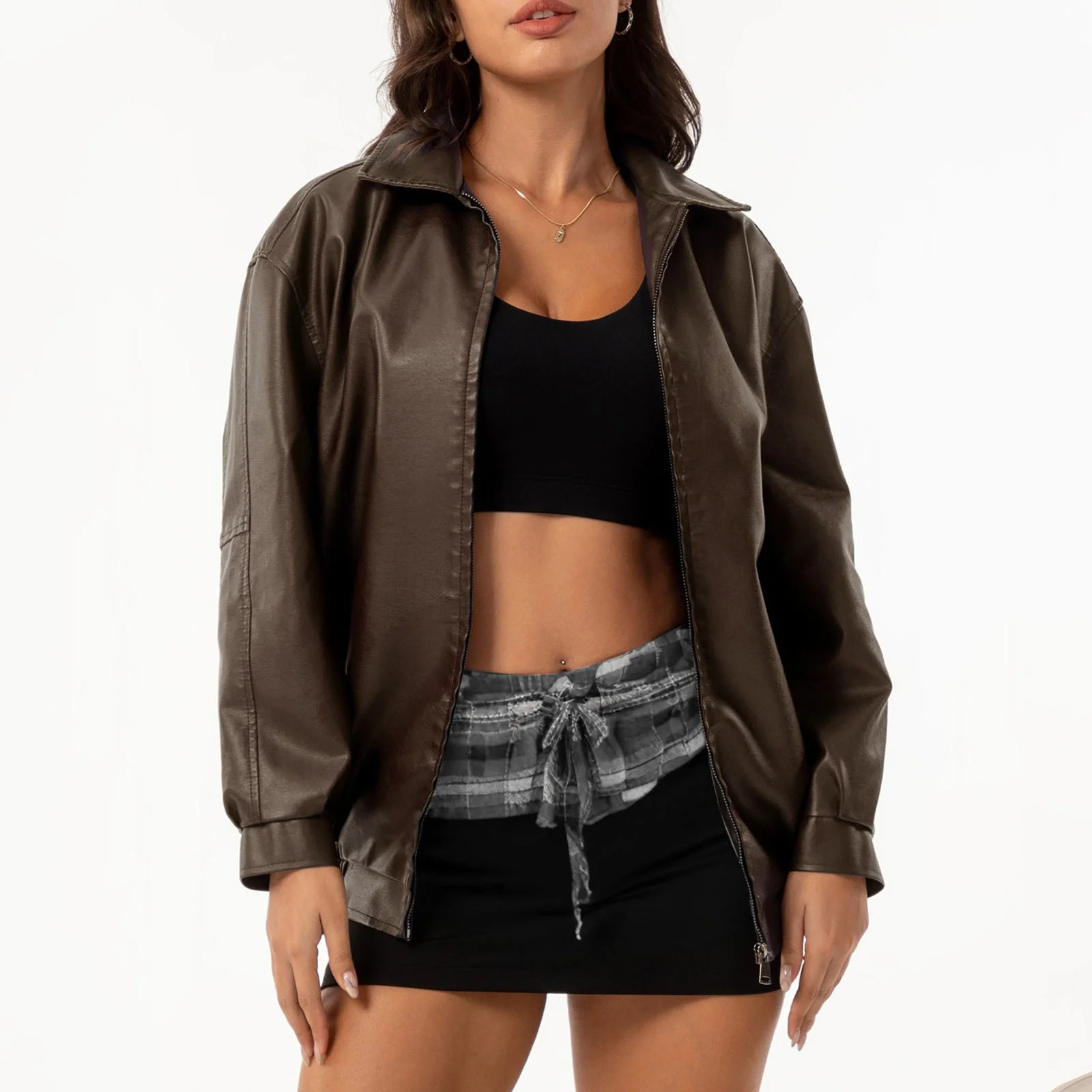 BYHONG Women's Loose Leather Jacket OVERSIZE Women's Jacket Long Sleeve Lapel Spring and Autumn C... | Walmart (US)