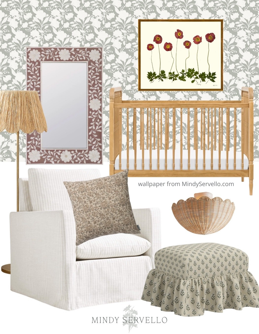 Feminine girl nursery
Neutral girl nursery
Ruffled Ottoman 
White nursery glider 
Raffia flush mount light 
Serena and Lily nursery 
Sage green floral wallpaper 
Floral wallpaper 
Bone in lay mirror 

#LTKBaby #LTKSaleAlert #LTKHome