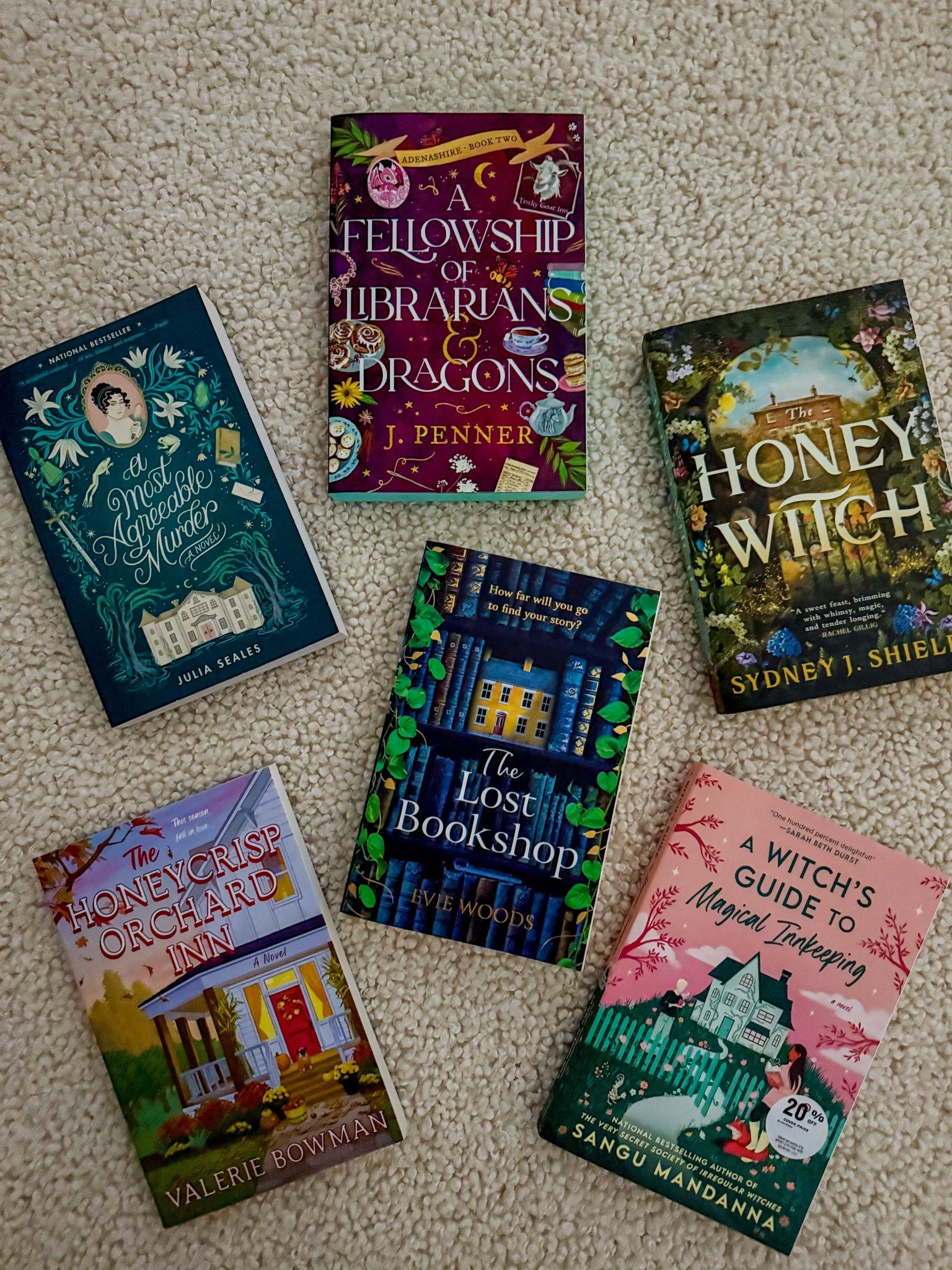 Some of the cozy books I want read this fall! 
Honey Witch by Sydney J. Shields
A Most Agreeable Murder by Julia Seales
The Lost bookshop by Evie Woods 
A Fellowship of Librarians and Dragons by J. Penner 
The Honeycrisp Orchard Inn by Valerie Bowman
A Witch’s Guide to Magical Innkeeping by Sangu Mandana