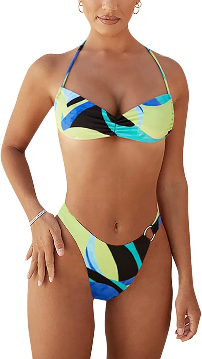 Sexy Color Block Two Piece Bikini Set for Women Halter Self-tie Neck and Back Swimsuit Beach Bath... | Amazon (US)