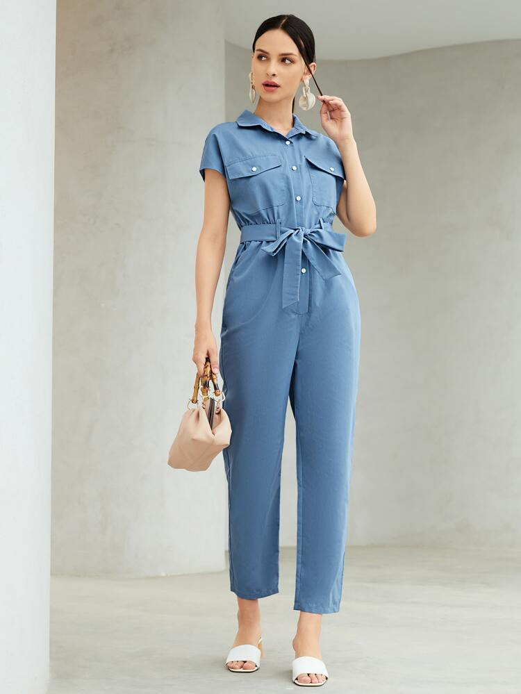 Flap Pockets Belted Shirt Jumpsuit | SHEIN