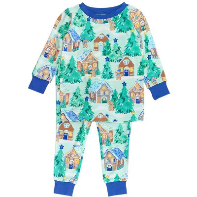 RuffleButts SoftSnooze Gender Inclusive Holiday Long Sleeve Pajama Set - Blue Jolly Gingerbread, 12/14 | Target