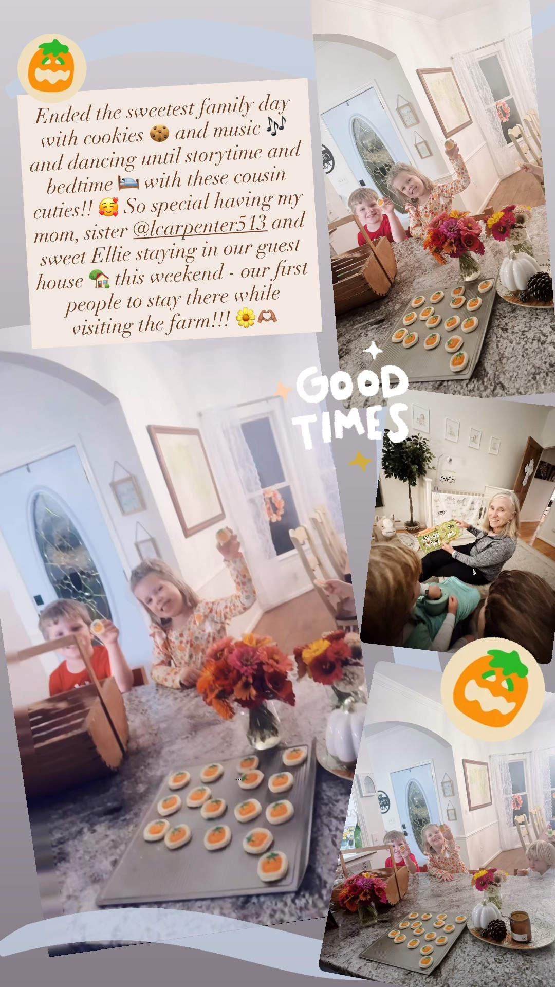 Ended the sweetest family day with cookies 🍪 and music 🎶 and dancing until storytime and bedtime 🛌 with these cousin cuties!! 🥰 So special having my mom, sister @lcarpenter513 and sweet Ellie staying in our guest house 🏡 this weekend - our first people to stay there while visiting the farm!!! 🌼🫶🏽