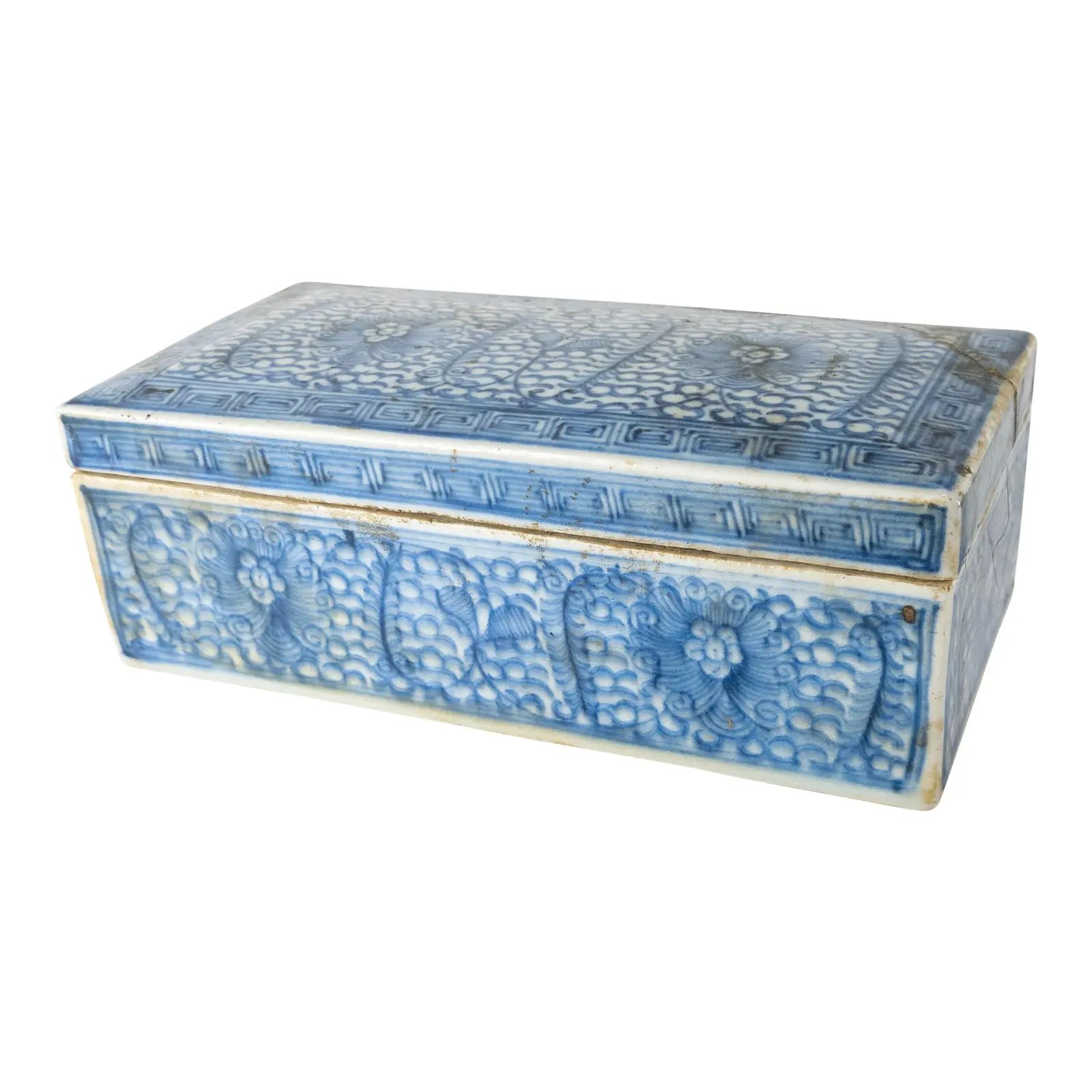 19th Century Chinese Chinoiserie Blue and White Covered Box With Repair | Chairish