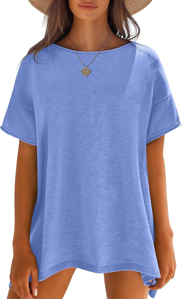 Caracilia Women Oversized Shirts Short Sleeve Drop Shoulder Seams Outside Summer Casual Lightweig... | Amazon (US)