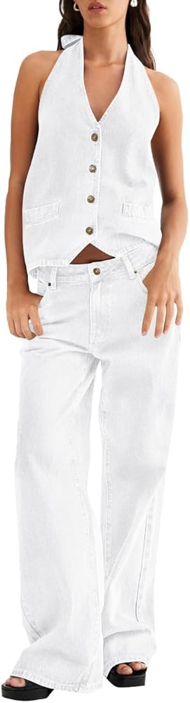 Fisoew Women's Two Piece Denim Set Button Down Backless Tank Top and Wide Leg Jeans 2 Piece Outfi... | Amazon (US)