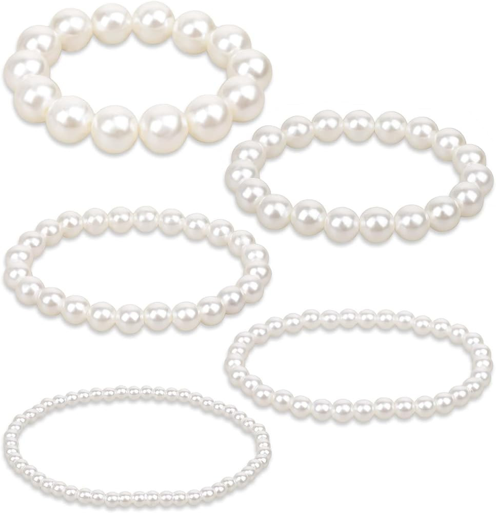 KALIONE 5 Pcs White Pearl Bracelets for Women, White Stretch Bridesmaid Pearl Bracelets Bridal We... | Amazon (US)