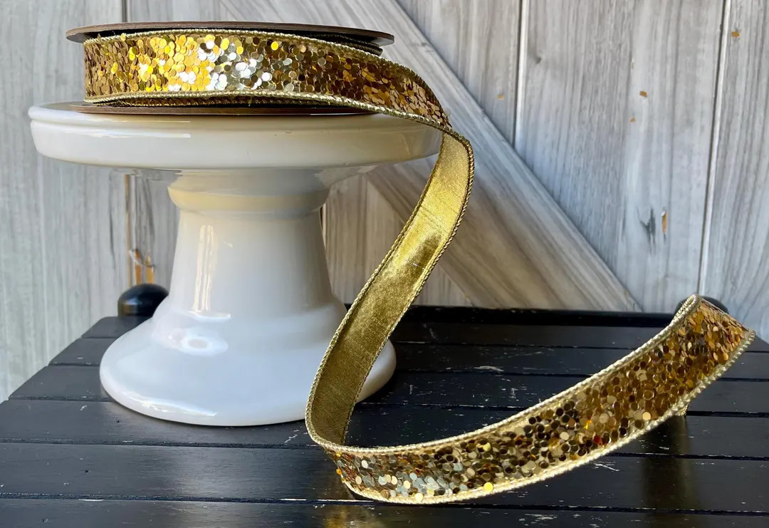 D Stevens, 10 Yards, 1 Inch Wired Ribbon, Crique Glitter Ribbon, Gold Ribbon, Glitter Ribbon, Lux... | Etsy (US)