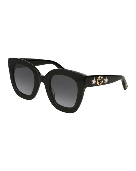 Rectangle Acetate GG Sunglasses w/ Crystal Stars, Black Pattern | Neiman Marcus