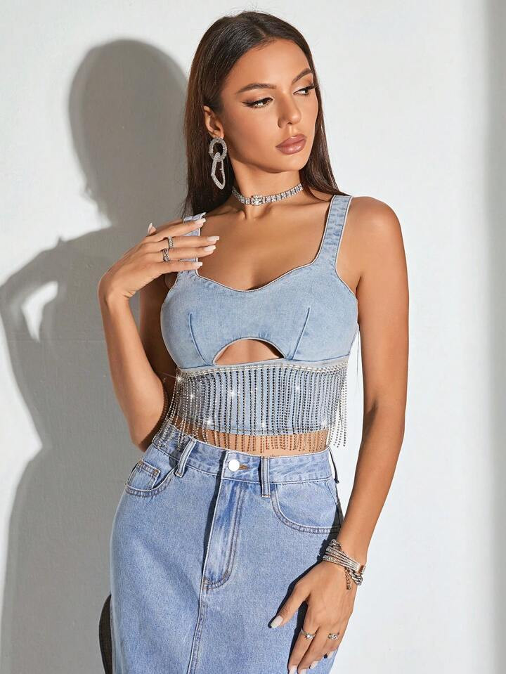 SHEIN BAE Rhinestone Fringe Hem Cut Out Front Denim Top | SHEIN