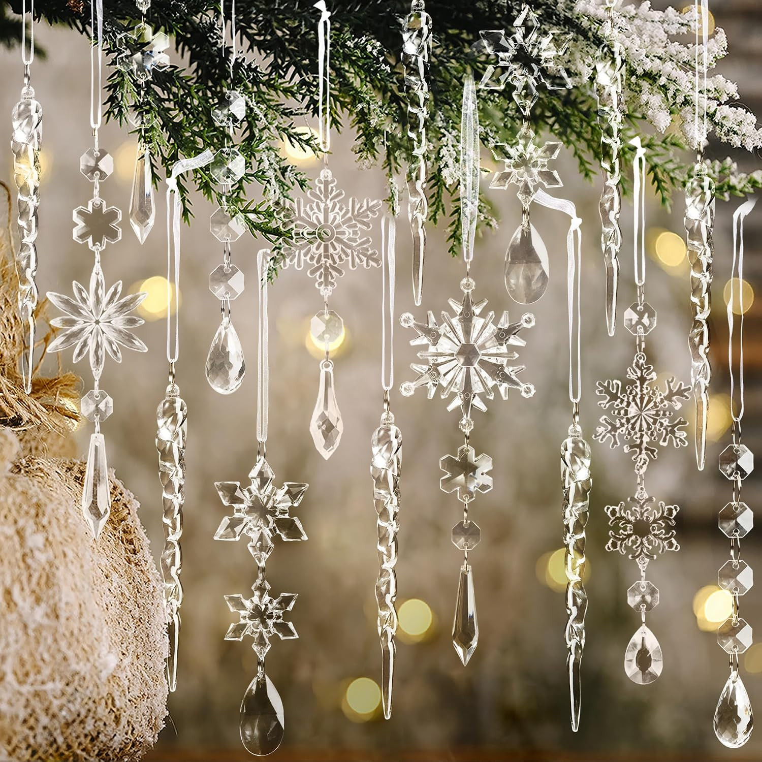 Crystal Christmas Tree Ornaments, Clear Acrylic Snowflake & Icicle, 18pcs | Amazon (US)