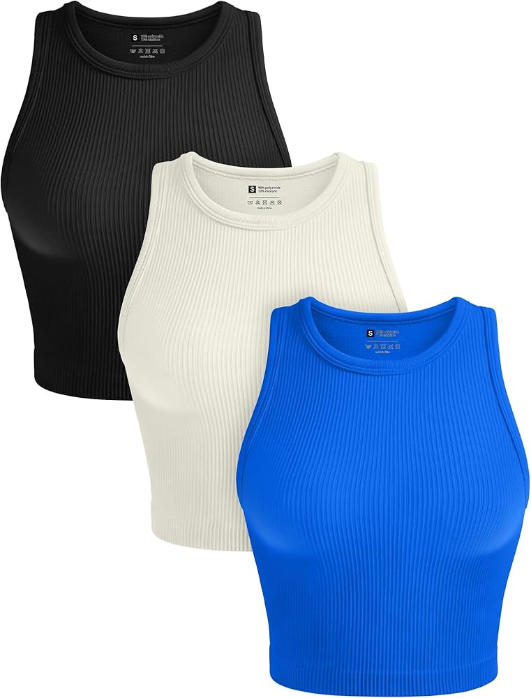 OLCHEE Womens 3 Pack Crop Tank Tops Basic Seamless Ribbed Round High Neck Racerback Workout Top S... | Amazon (US)