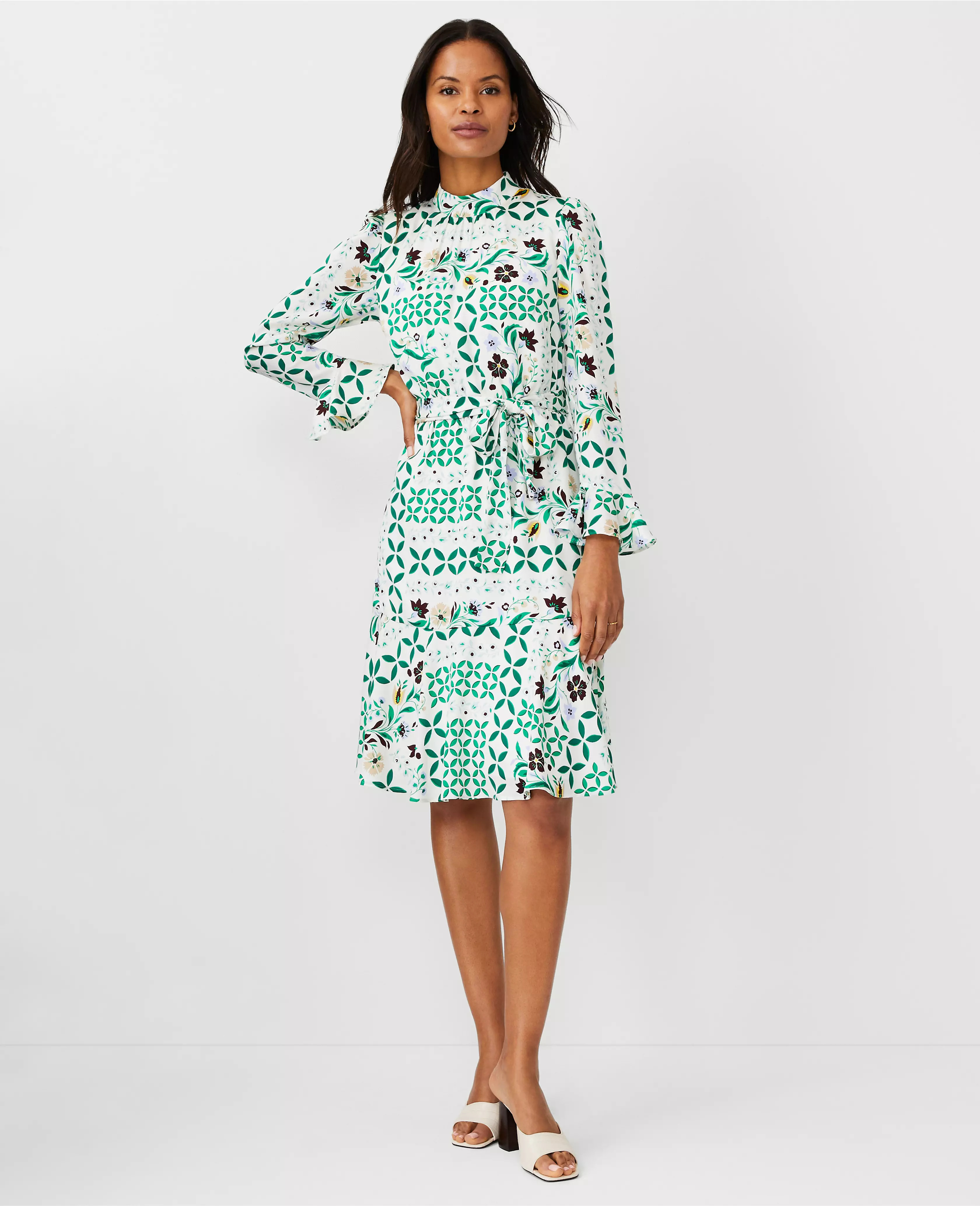 Floral Maze Tie Waist Flare Dress | Ann Taylor (US)
