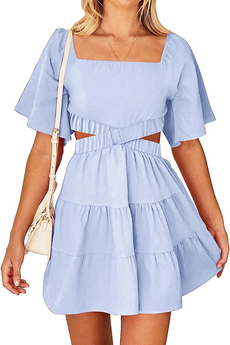Women Summer Dresses 2023 Square Neck Short Sleeve Cutout Crossover Waist Casual Party Tiered A-L... | Amazon (US)