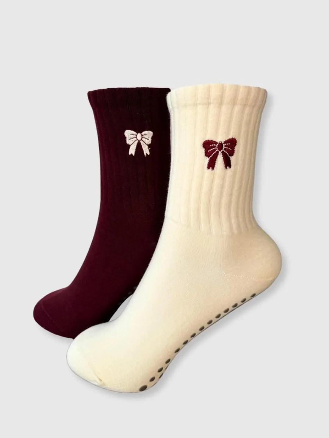 Embroidered Bow Grip Socks: Burgundy & White Yoga Barre Pilates Socks - Etsy | Etsy (US)