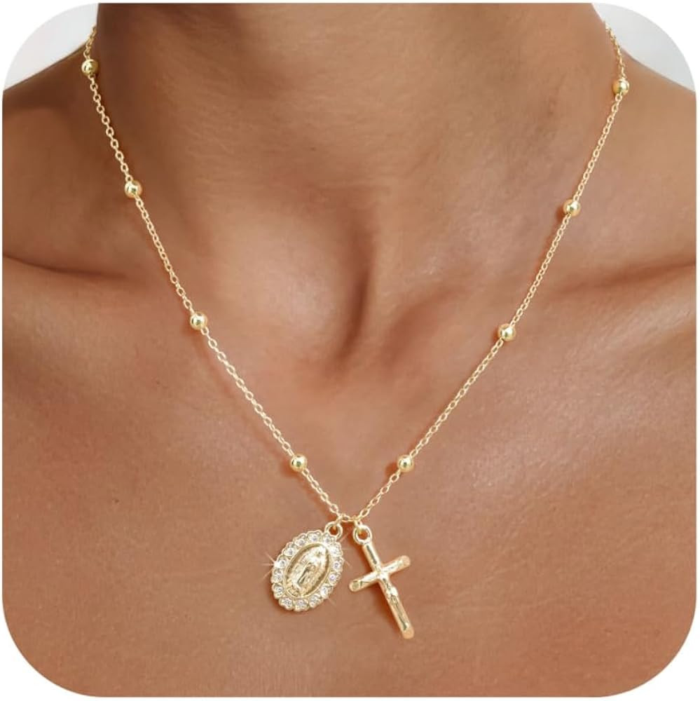 Gold Cross Necklace for Women - 14k Gold Plated Virgin Mary Pendant Necklaces,Hypoallergenic Non ... | Amazon (US)