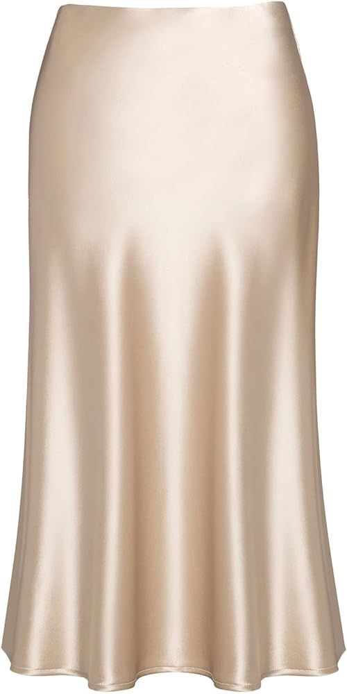 Basoteeuo Midi Skirts for Women High Waist Satin Summer Casual Sexy Midi Length Elastic Skirt | Amazon (US)
