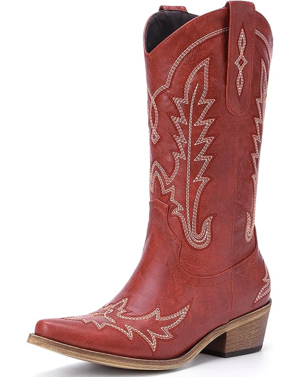Cowboy Boots for Women - Cowgirl Boots with Embroidery, Chunky Heel Pointed Toe Pull-on Vintage W... | Amazon (US)