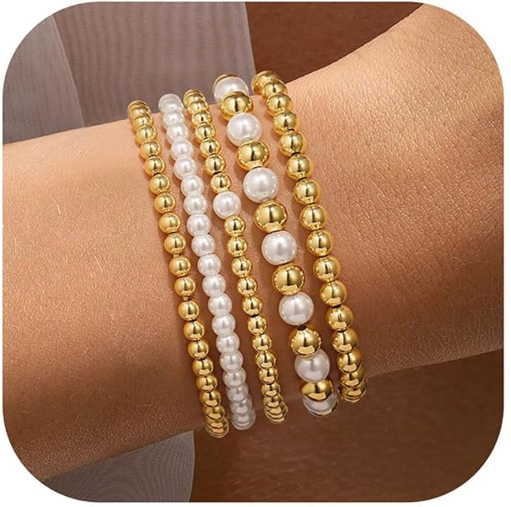 Yoosteel Gold Beaded Bracelets Set for Women, 14K Gold Plated Dainty Round Bead Ball Pearl Cross ... | Amazon (US)