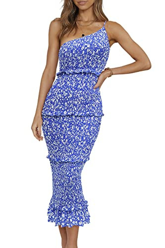 PRETTYGARDEN Women's Summer Midi Bodycon Dresses One Shoulder Strappy Tiered Ruffle Floral Boho Sun Dress (Blue White Floral,Small) | Amazon (US)