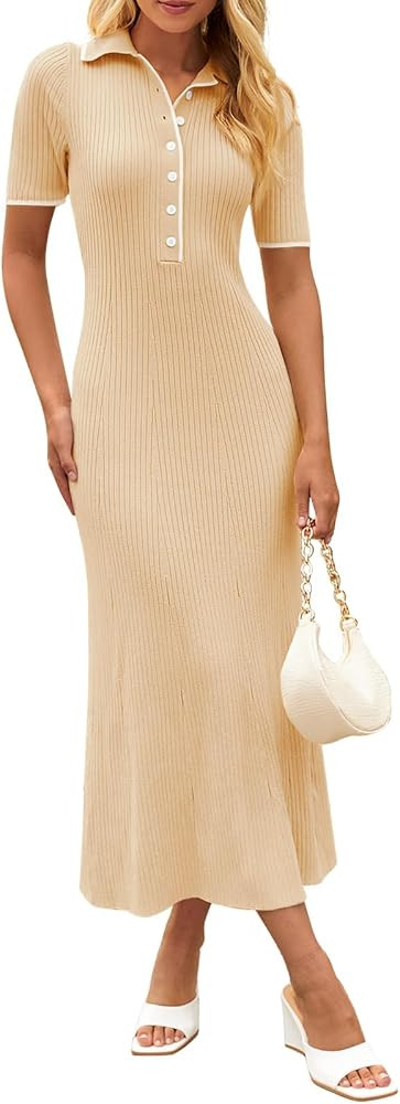 MEROKEETY Women's V Neck Ribbed Knit Maxi Dress Button Short Sleeve Slim Fit Bodycon Sweater Dres... | Amazon (US)
