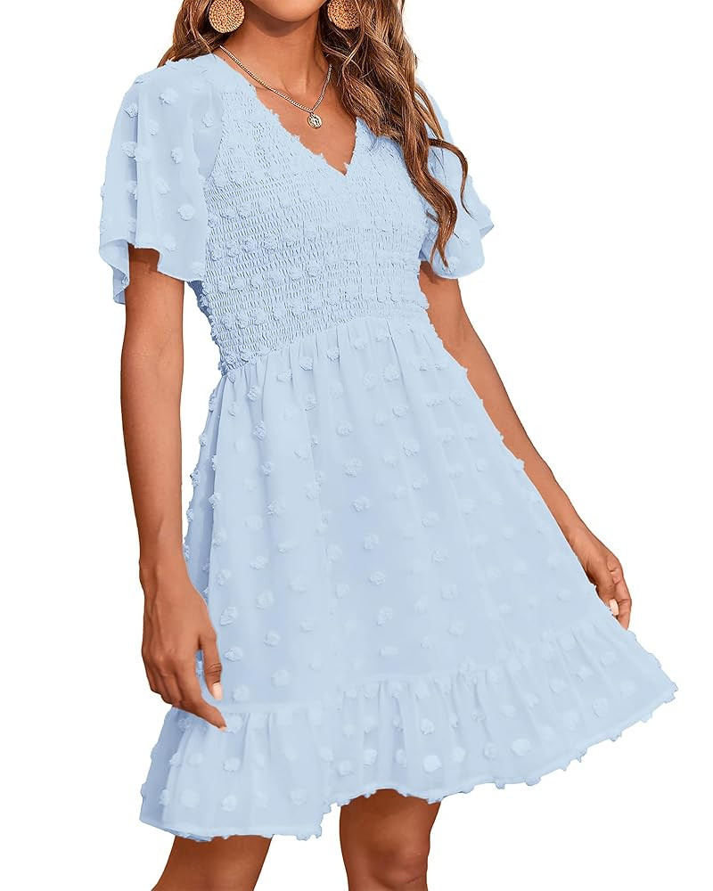 BTFBM Womens Beach Vacation Dress Summer 2025 V Neck Short Sleeve Smocked Swiss Dot Cute Ruffle C... | Amazon (US)