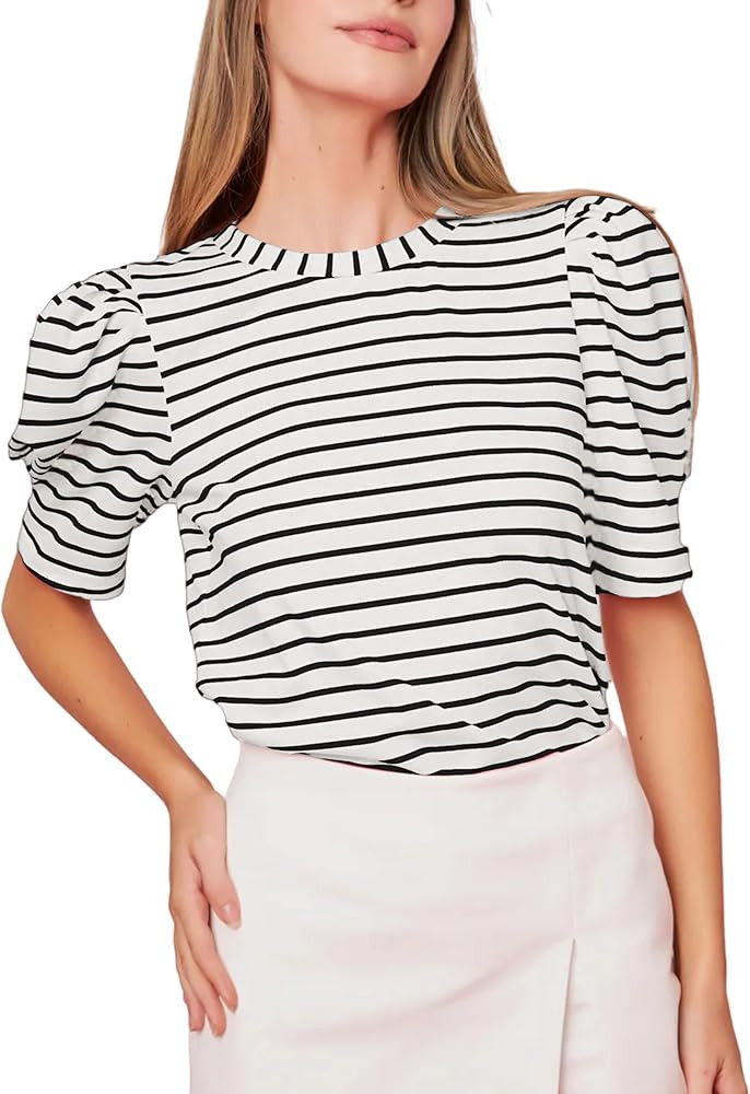 Women Striped Puff Short Sleeve T-Shirts Casual Round Neck Color Block Pullover Blouse Tops 2024 ... | Amazon (US)