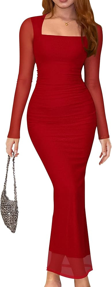 DAAWENXI Women's Fall Long Sleeve Midi Dress Mesh Square Neck Ruched Bodycon Wedding Guest Party ... | Amazon (US)