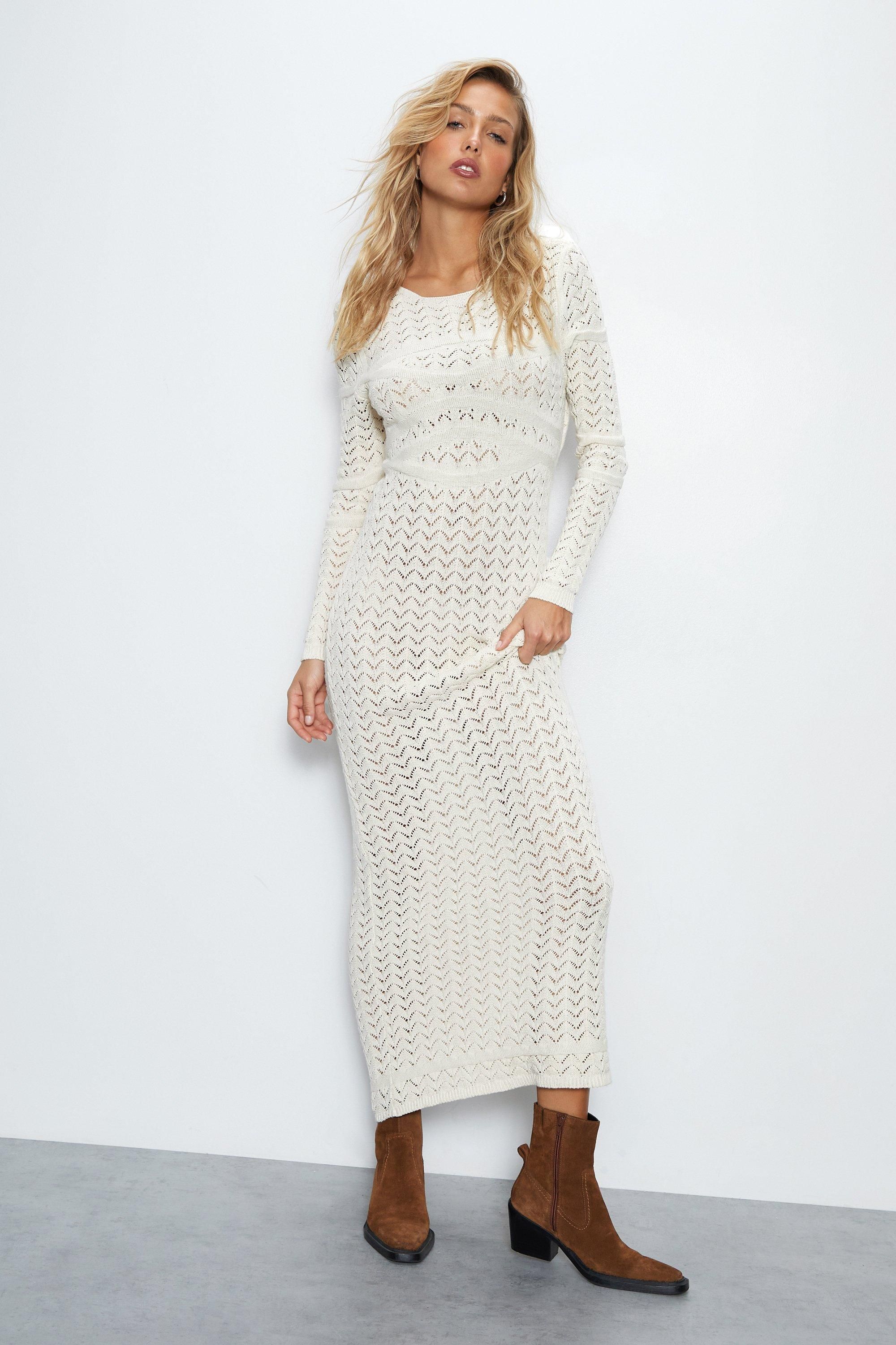 Long Sleeve Open Back Crochet Maxi Dress | Warehouse UK & IE