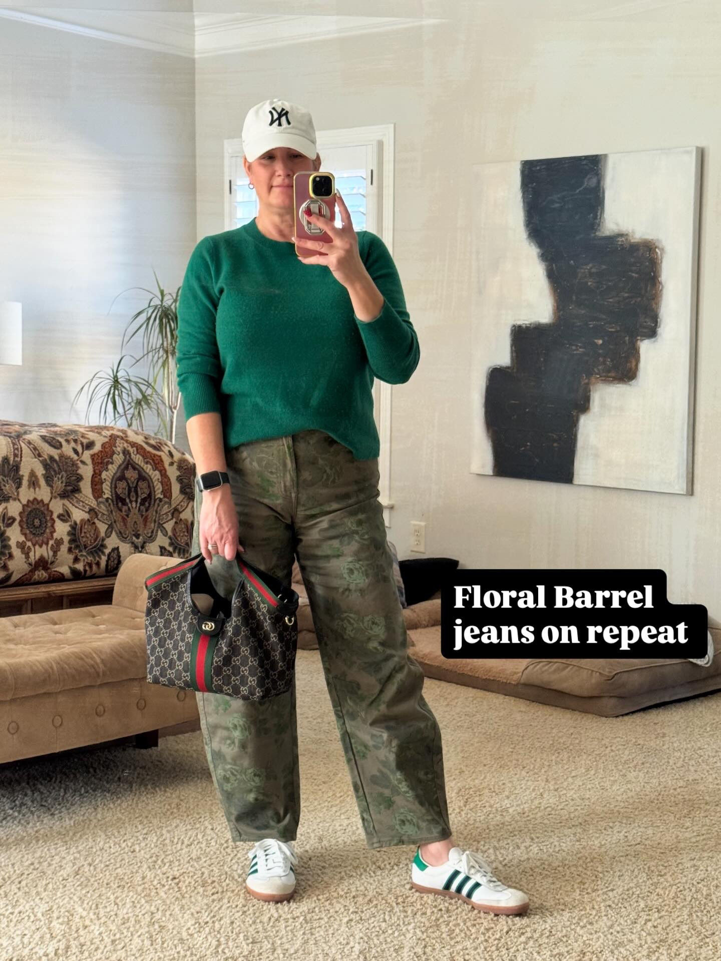 I watched a reel where they said “You walk through Target and Target tells you what to buy” and I feel that’s true 🤭

Sweater: JCrew cashmere (old)
Jeans: The GAP (last season) 
Shoes: Adidas x Sporty & Rich collab (new) 
Bag: Small Gucci Giglio
Hat: 47 

#outfitrepeater #barreljeans #targetrun #guccibags #guccilovers 
target runs, shopping with teens, designer bags, gucci bags, crocheted bags, day shopping, outfit repeats, repeating outfits, closet staples, restyling your clothes, shop your closet