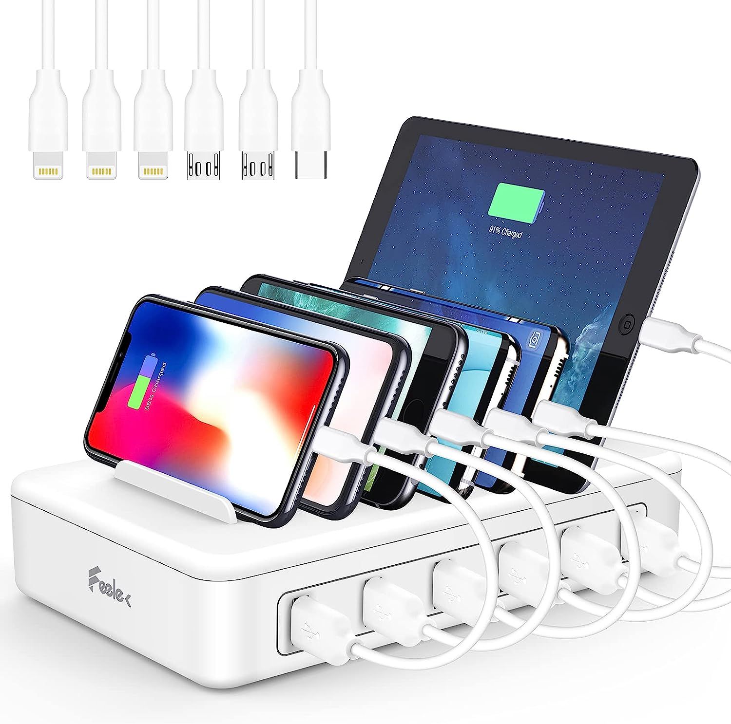 Charging Station for Multiple Devices, 6 Ports Compatible Cables W/3 iPhone, Micro USB,Type C,Com... | Amazon (US)