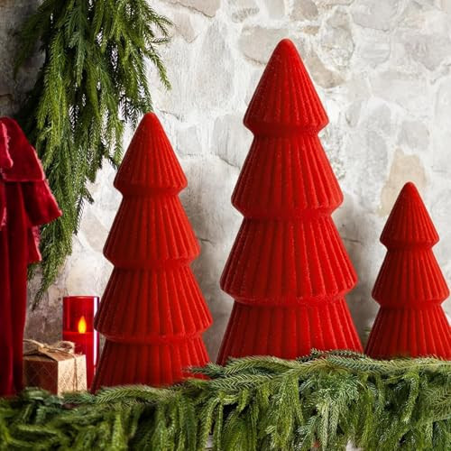 Christmas Decorations,Set of 3 Velvet Ceramic Christmas Trees,Modern Cone Indoor Christmas Decoration Centerpieces for Table Mantel and Living Room Home Decor (RED) | Amazon (US)