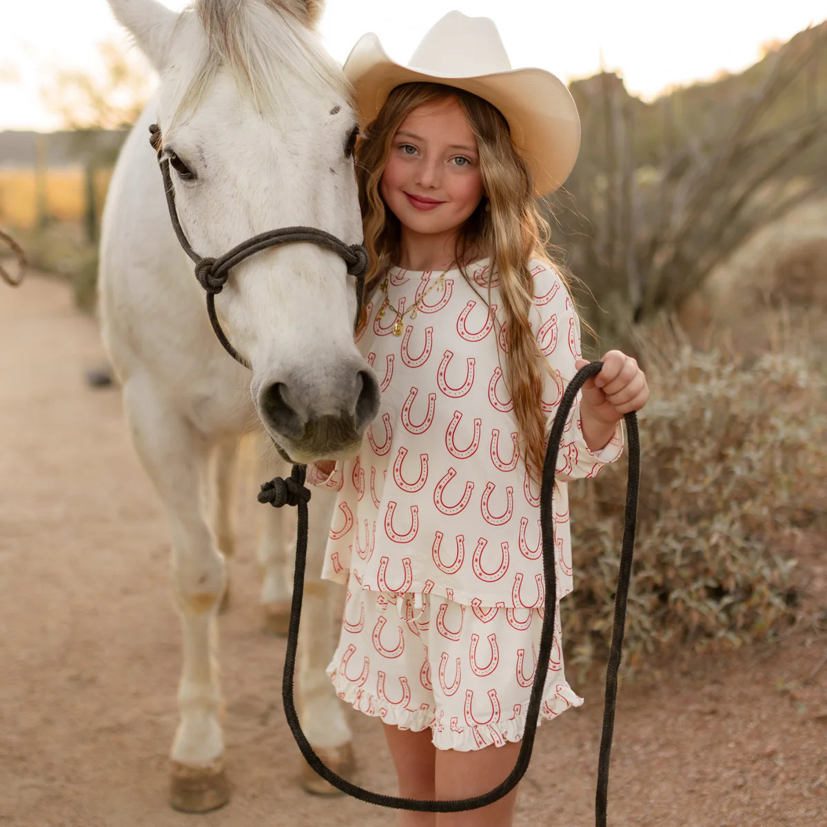 Girl's Long Sleeve and Ruffle Shorts Set in Horseshoe | Silks Design