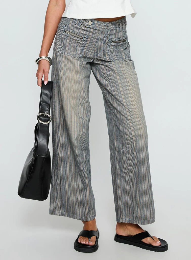Lifetimes Mid Rise Wide Leg Cargo Jeans Dark Blue Stripe | Princess Polly US