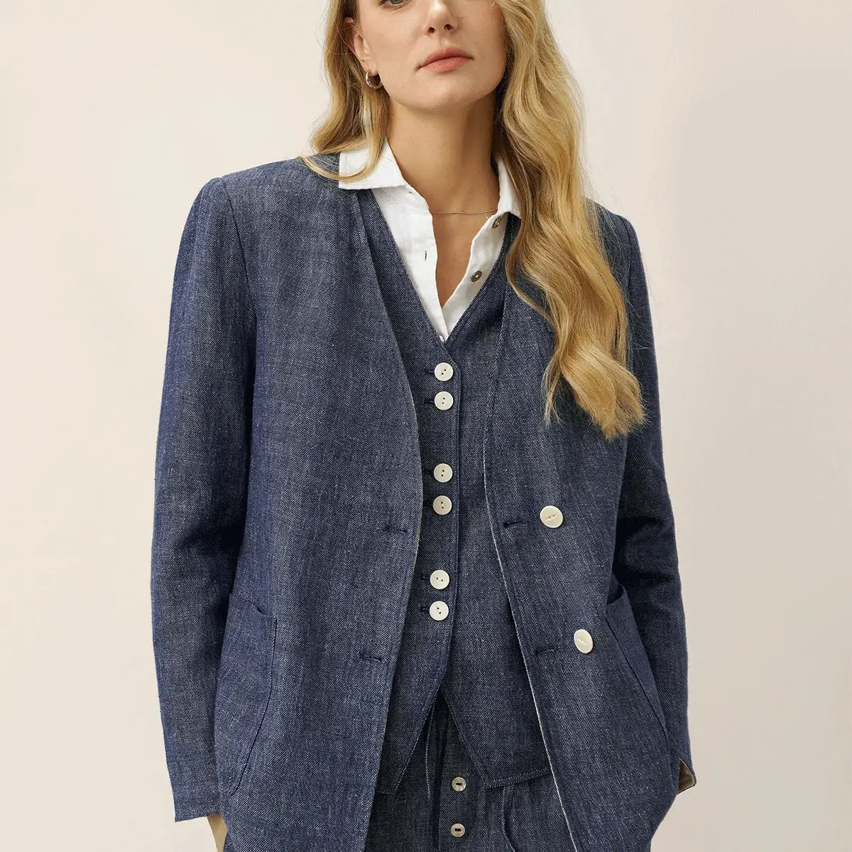 Tencel Linen Reversible Denim Texture V Neck Jacket ELLIE | LINTICO