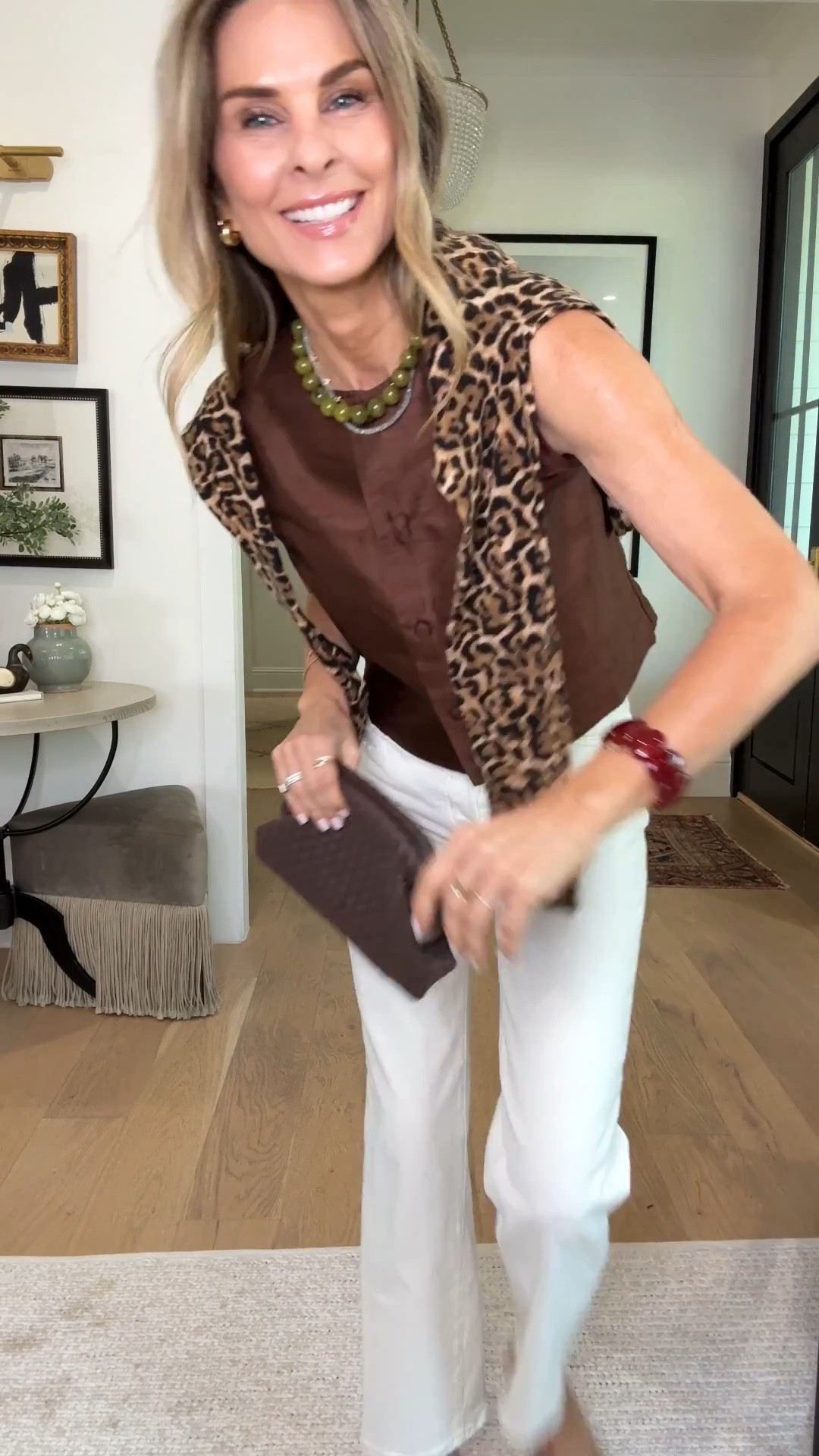 -Julia Amory silk top wearing a Small. It’s a little longer that XS. Either size works for me. Discount code TAMMY15
-Ecru jeans TTS I’m 5’6”
—quince clutch is so good! 
-leopard cardigan sz XS 
-nars color blaze
-gloss color glazed

#LTKStyleTip #LTKParties #LTKOver40